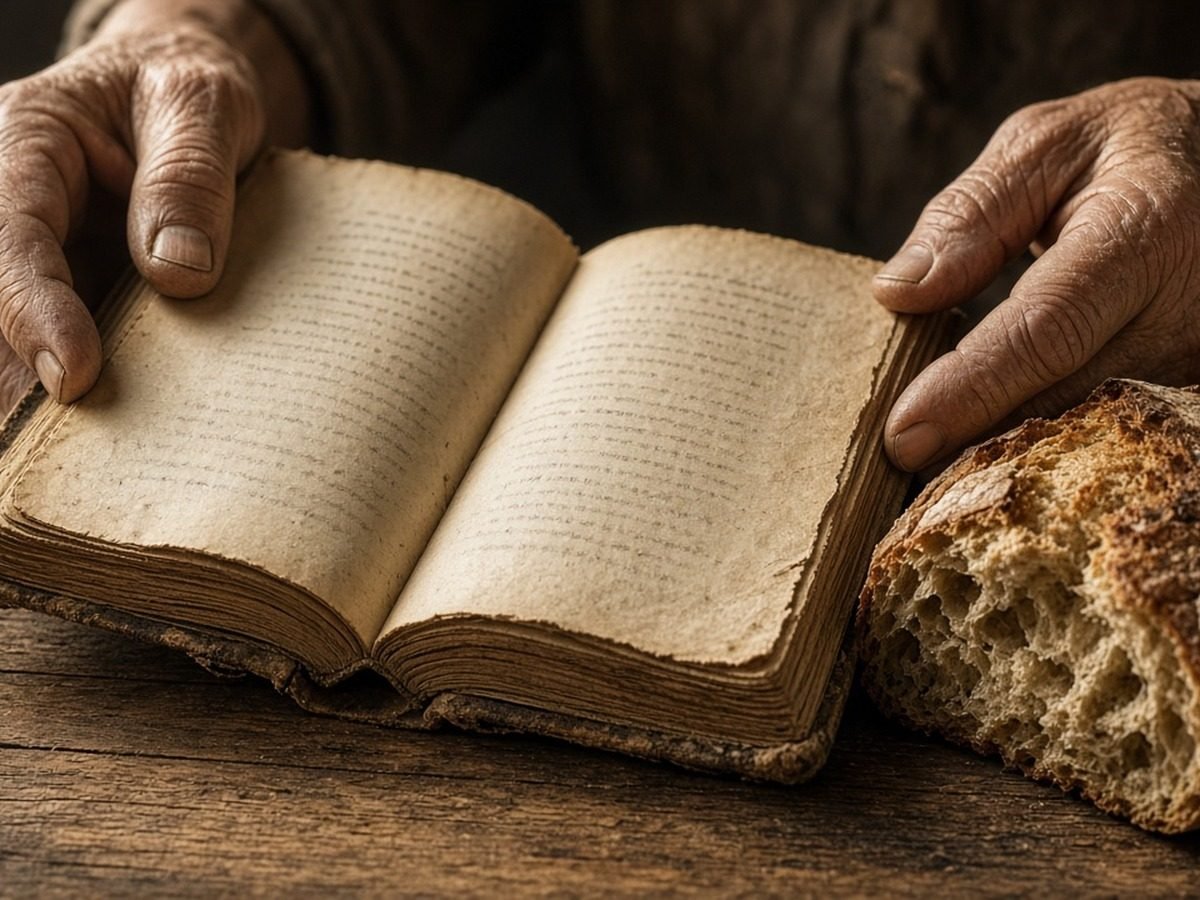 Mãos de camponês seguram um livro aberto ao lado de meio pão