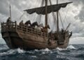 Navio de madeira do século XV com cavalos a bordo