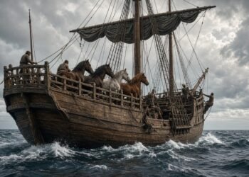 Navio de madeira do século XV com cavalos a bordo