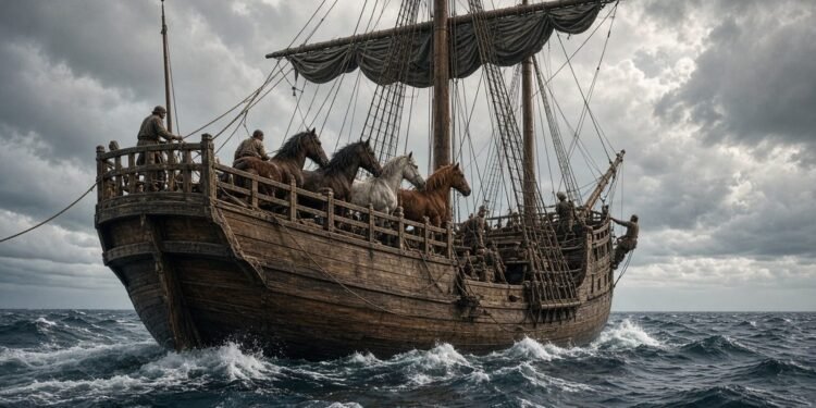 Navio de madeira do século XV com cavalos a bordo