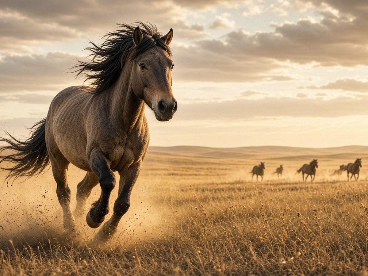 Cavalos galopam pelas grandes planícies ao entardecer