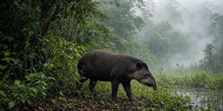 Anta sai da Mata Atlântica na beira de um brejo