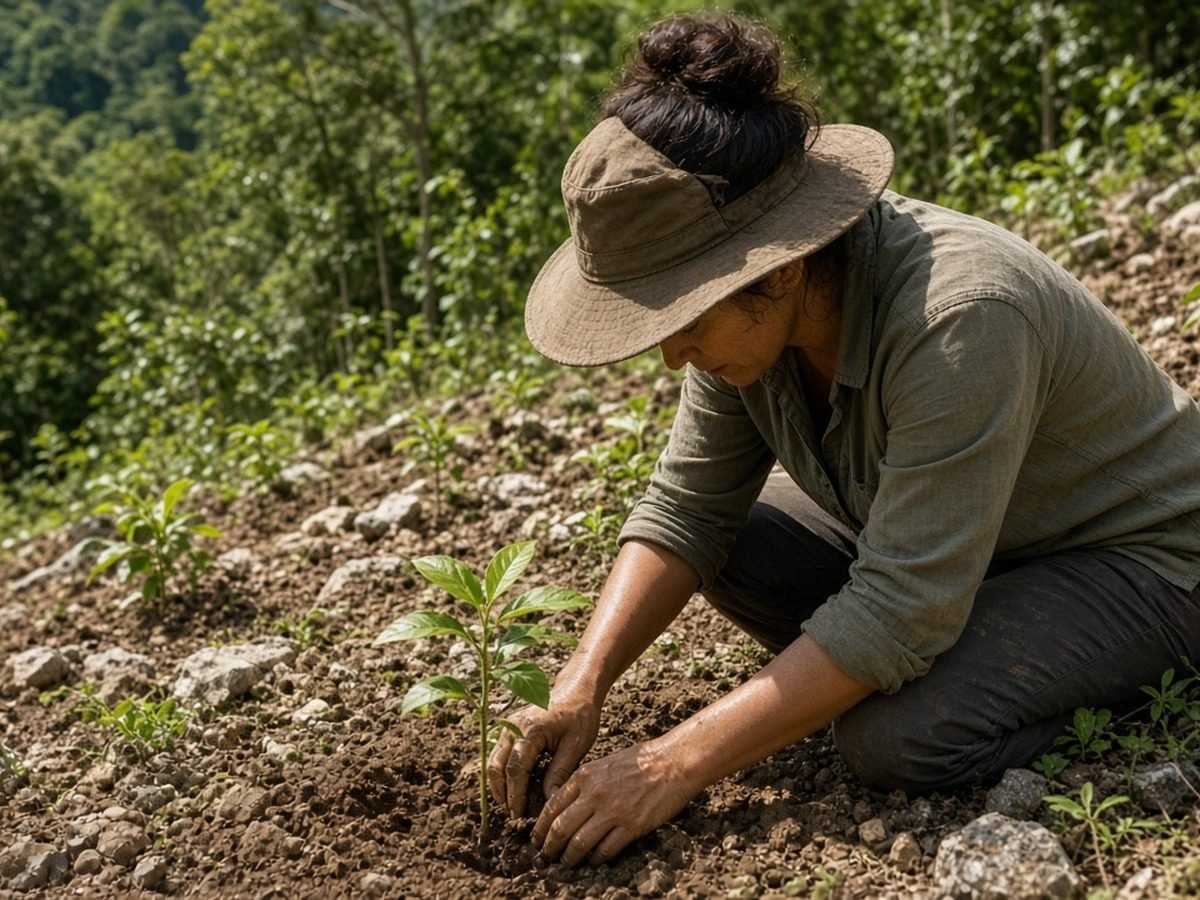 Voluntários plantam mudas nativas numa encosta