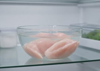 Peitos de frango mergulhados em salmoura numa tigela de vidro na geladeira