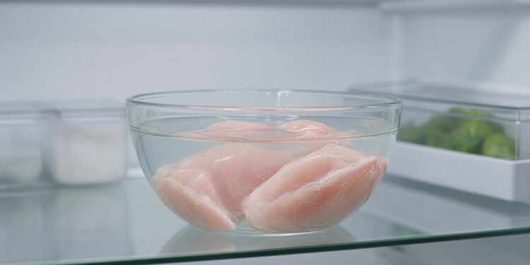 Peitos de frango mergulhados em salmoura numa tigela de vidro na geladeira
