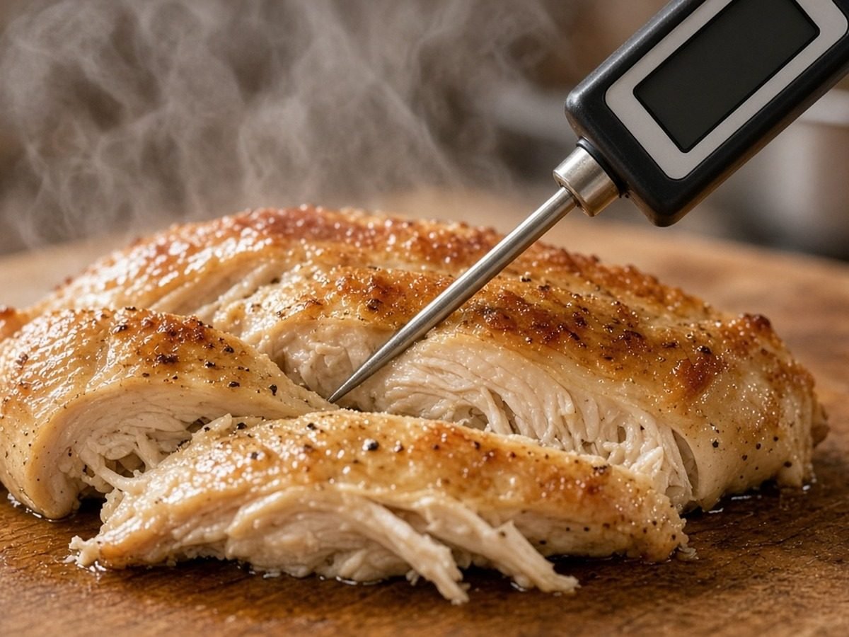 Termômetro de cozinha espetado num peito de frango cozido
