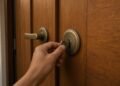 Mão gira a chave na fechadura de uma porta de madeira