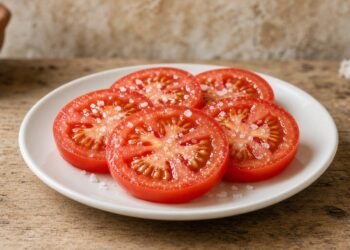 Fatias de tomate com sal grosso soltando suco num prato