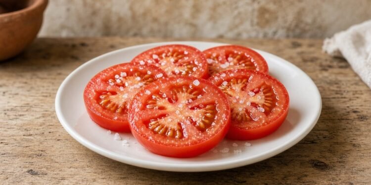 Fatias de tomate com sal grosso soltando suco num prato