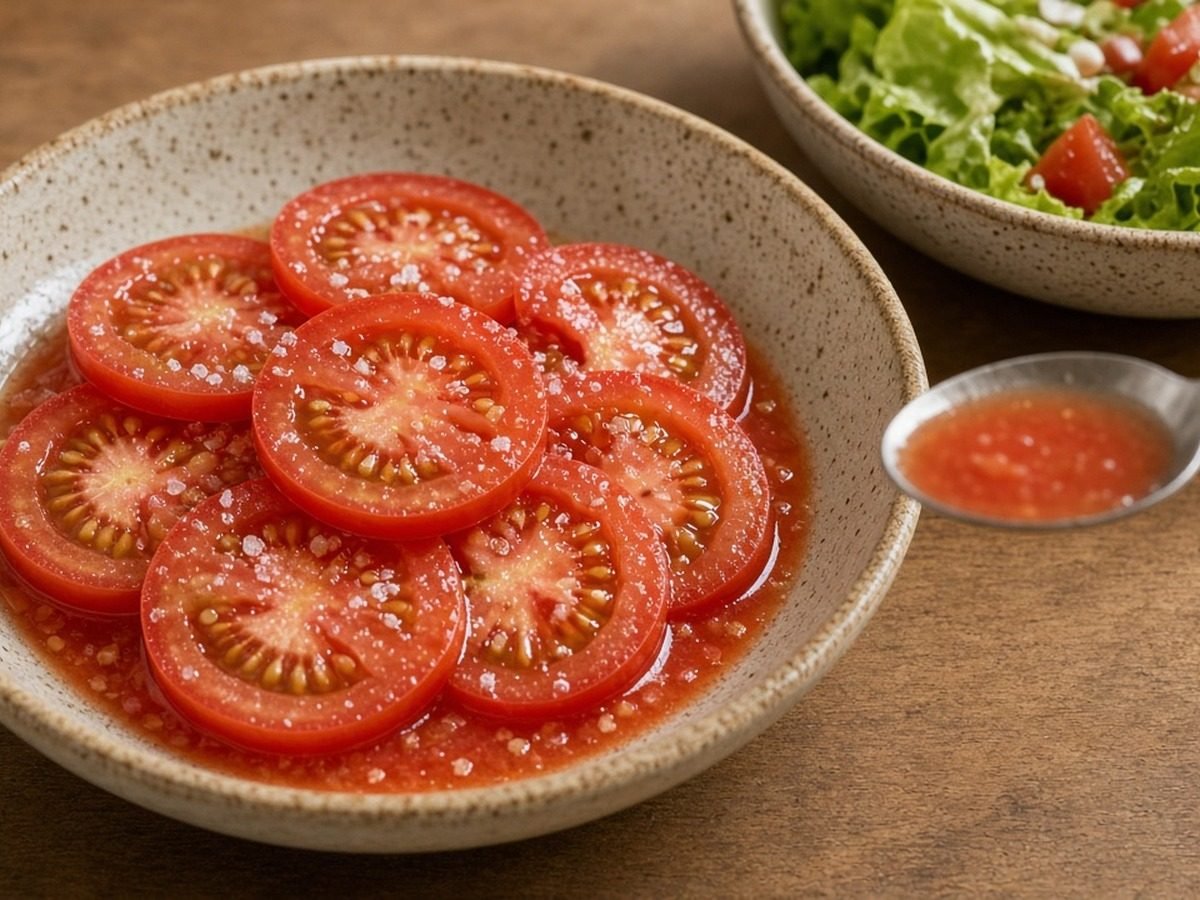 Tigela de tomate salgado com o suco acumulado no fundo