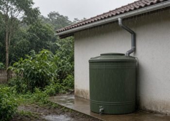 Cisterna de água da chuva ligada à calha de uma casa