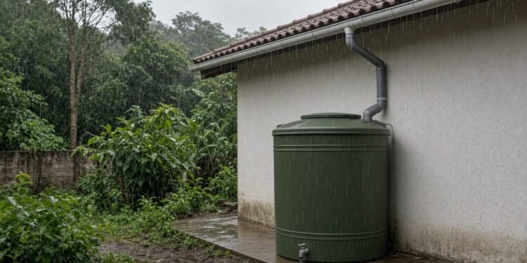 Cisterna de água da chuva ligada à calha de uma casa