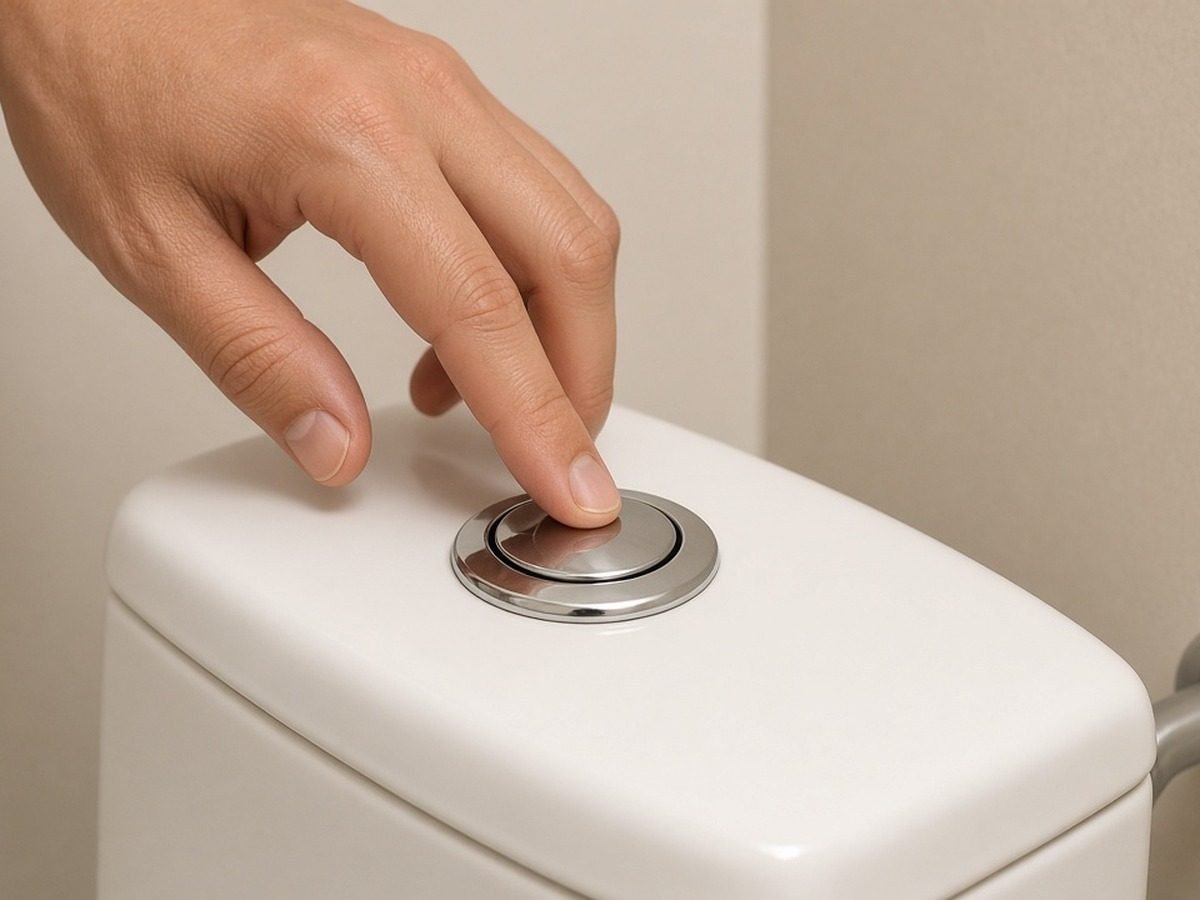 Mão aciona a descarga de um vaso sanitário