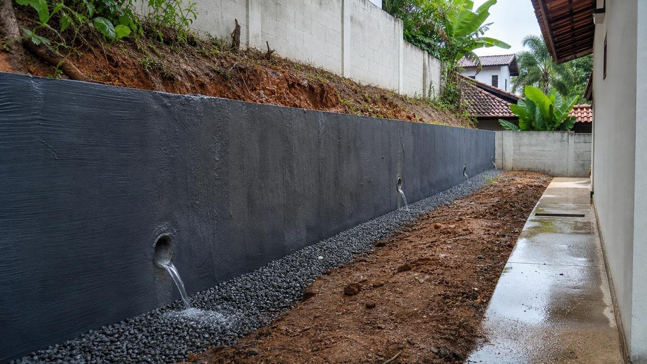 Muro de arrimo e drenagem corrigem desnível criado por aterro irregular.