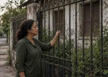Mulher parada diante do portão fechado da casa que era dos pais