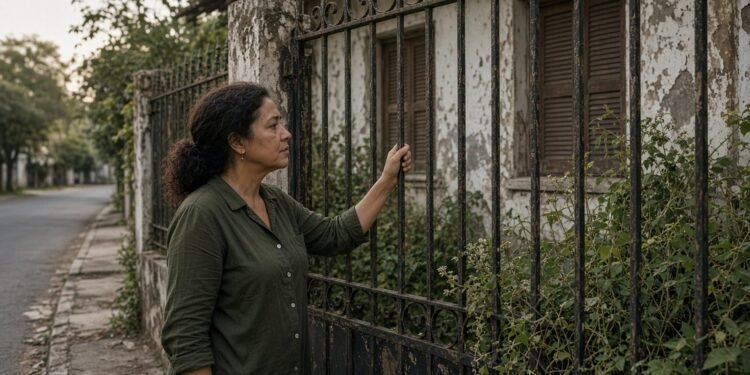 Mulher parada diante do portão fechado da casa que era dos pais
