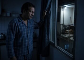 Morador observa da janela escura da cozinha o quintal do vizinho de madrugada