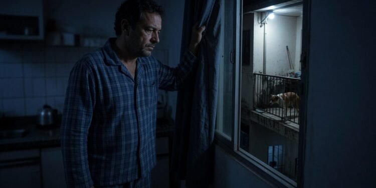 Morador observa da janela escura da cozinha o quintal do vizinho de madrugada