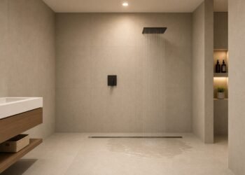 Banheiro com piso contínuo sem degrau e ralo linear junto à parede