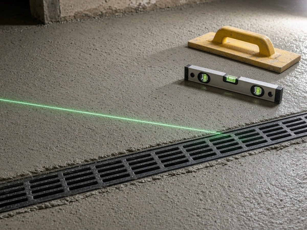 Contrapiso em execução com ralo linear posicionado e linha de laser marcando o caimento