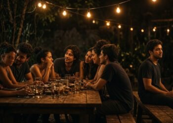 Mesa longa de bar à noite dividida em dois blocos de conversa