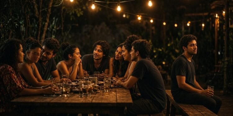 Mesa longa de bar à noite dividida em dois blocos de conversa