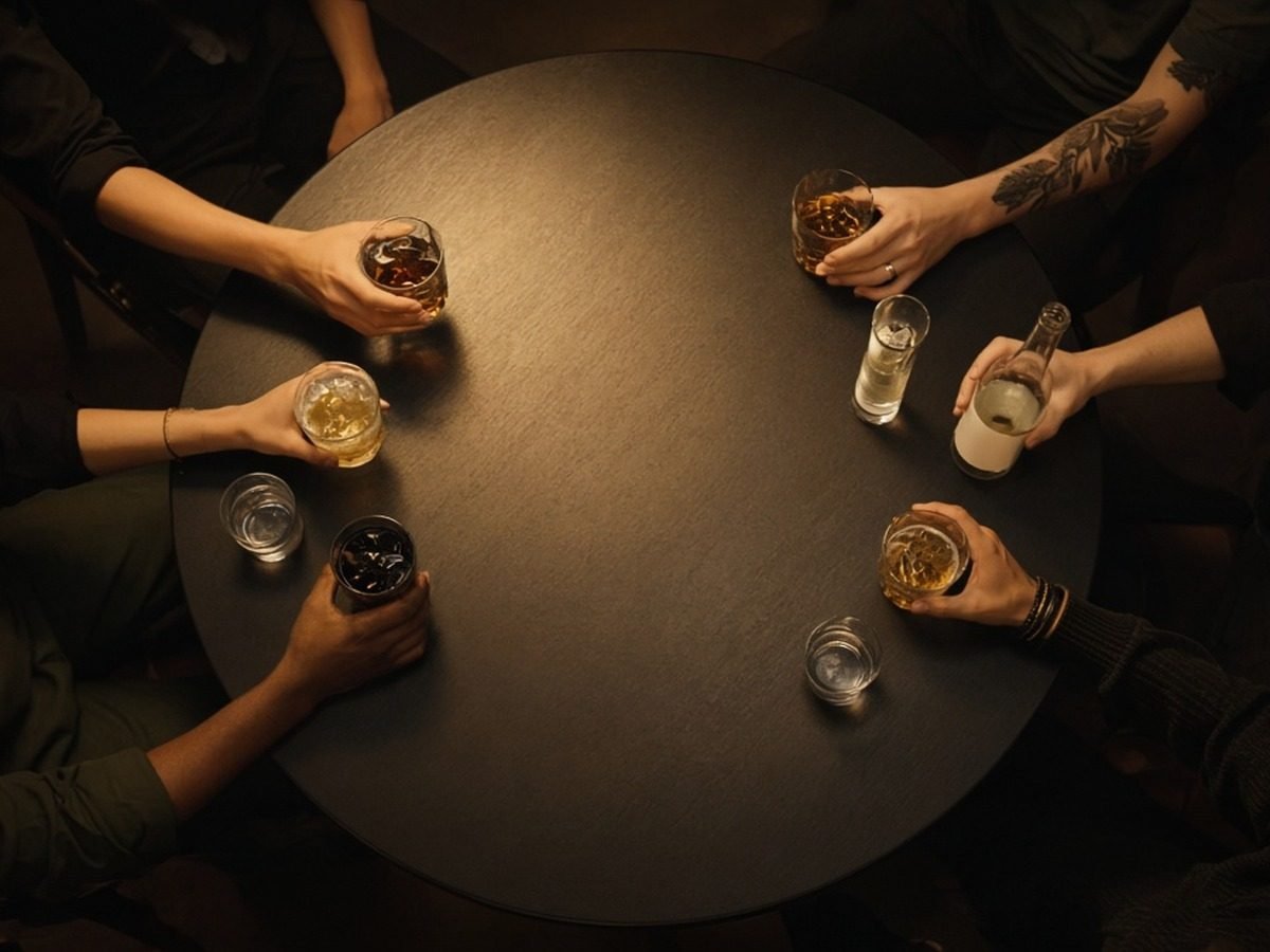 Vista de cima de uma mesa de bar com os corpos agrupados em dois blocos separados