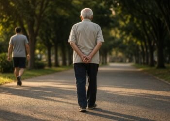 Idoso caminha na pista do parque com as mãos entrelaçadas atrás das costas