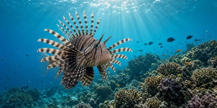Peixe-leão parado sobre o recife com as nadadeiras e os espinhos abertos