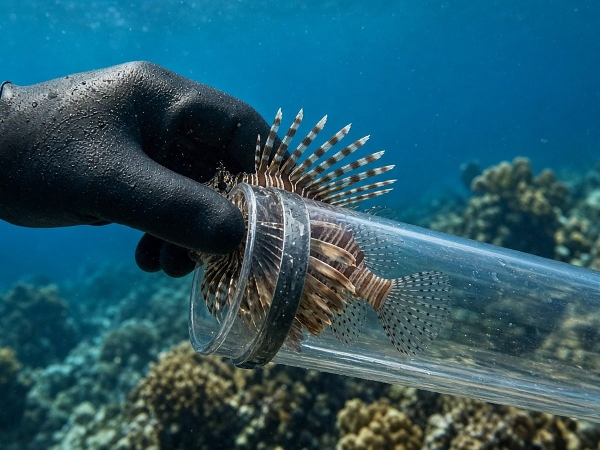 Mão com luva grossa coloca o peixe-leão arpoado dentro do tubo de contenção