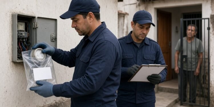 Técnico retira o medidor da caixa e coloca em saco lacrado