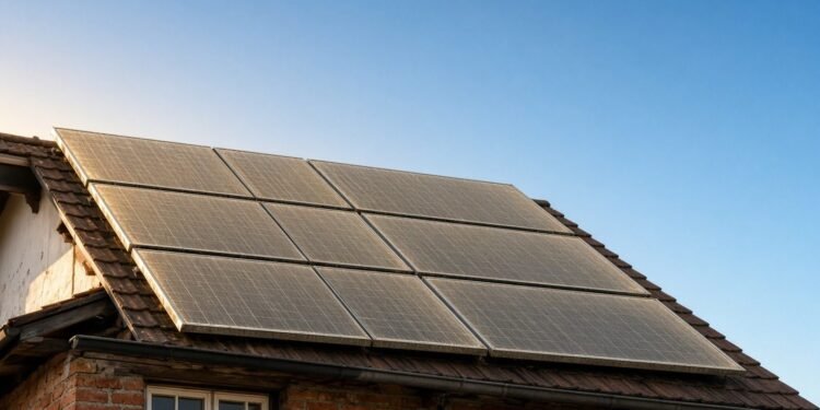 Painéis solares envelhecidos no telhado de uma casa brasileira