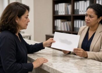 Cliente entrega certidão impressa no balcão do cartório