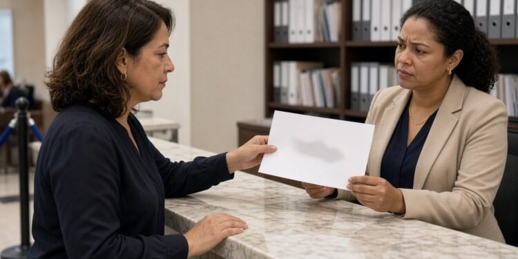 Cliente entrega certidão impressa no balcão do cartório