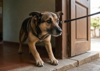 Cachorro à frente da porta entreaberta com a guia esticada