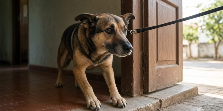 Cachorro à frente da porta entreaberta com a guia esticada