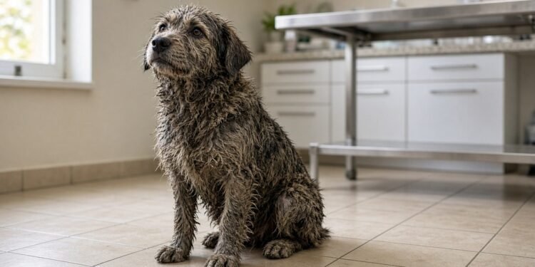 Cão sem coleira e com pelo endurecido de barro na sala da clínica