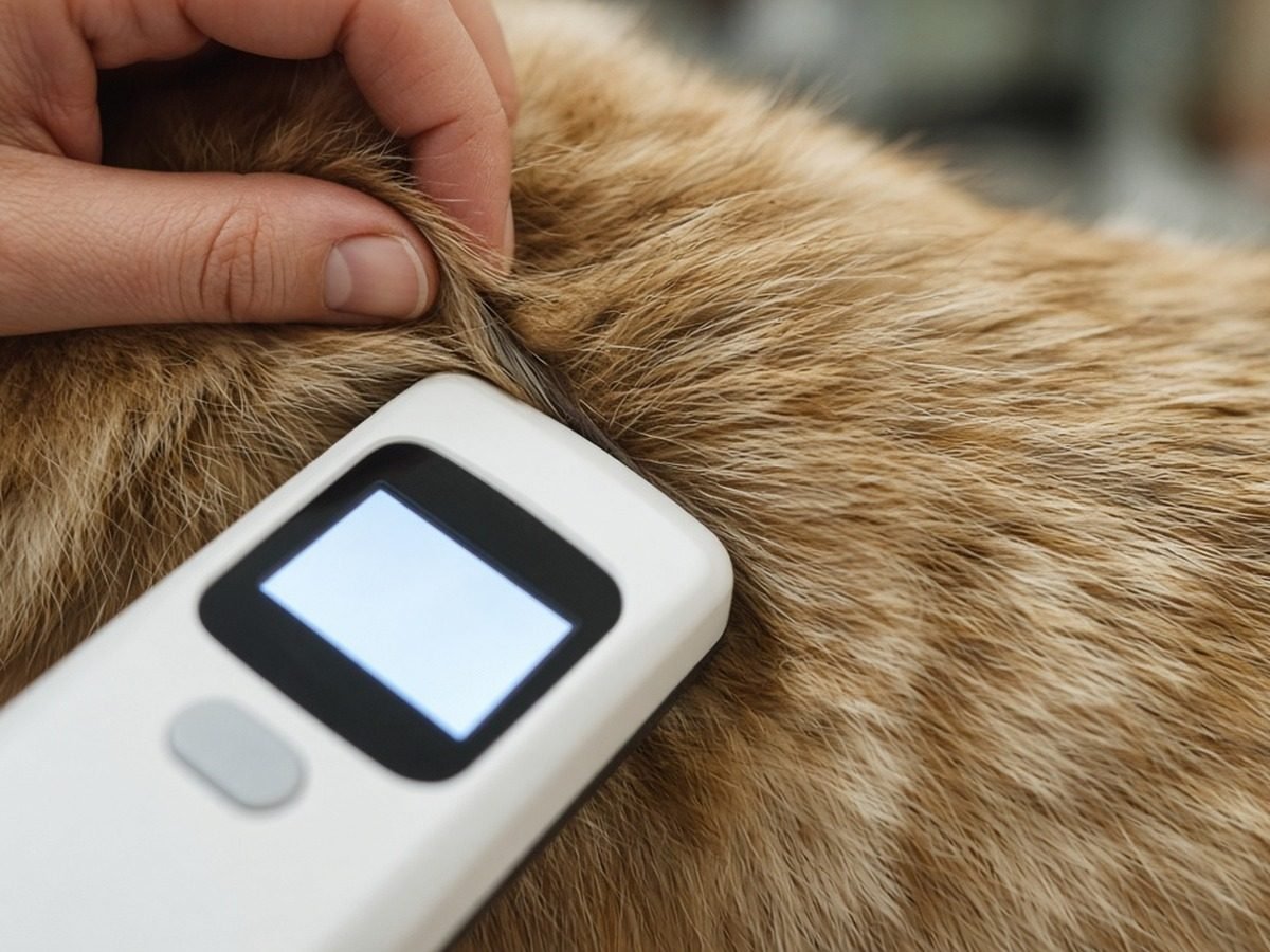 Leitor de microchip encostado no pelo entre as escápulas do cão