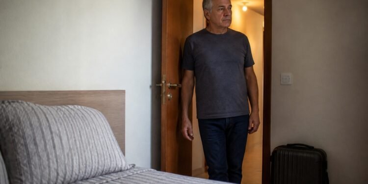 Aposentado observa o quarto extra preparado para hóspedes no apartamento
