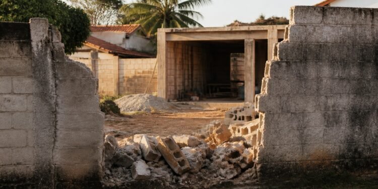 Trecho derrubado do muro da divisa, com blocos quebrados no chão