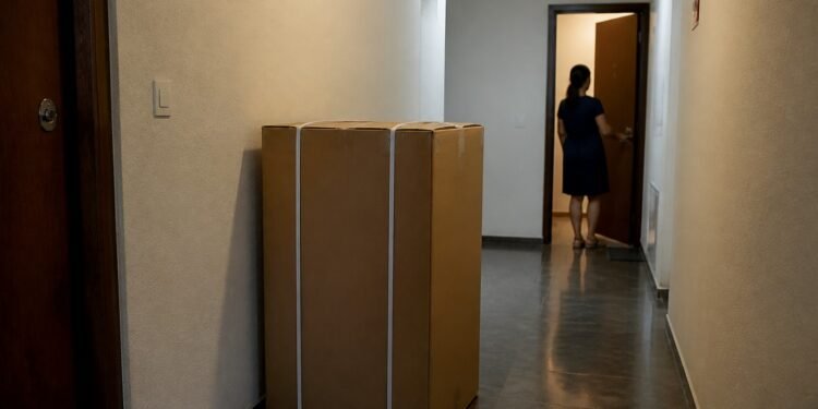 Caixas de entrega paradas no corredor do prédio, em frente à porta errada