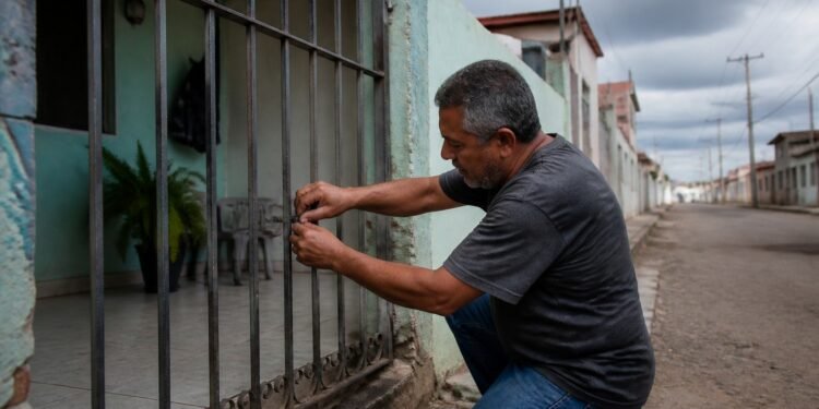 Homem troca a fechadura do portão de grade da casa da família