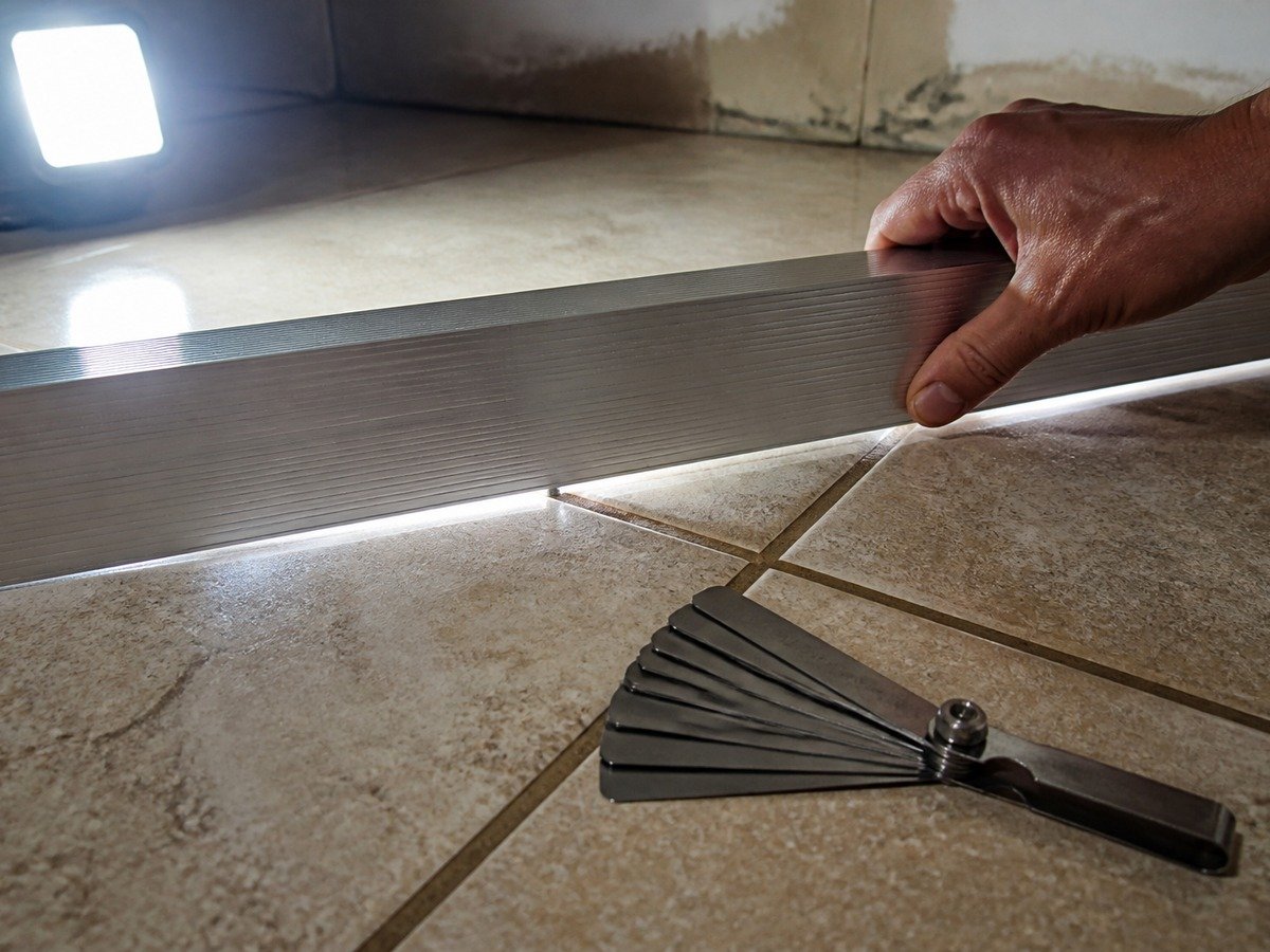 Régua de dois metros sobre a cerâmica antiga, com vão de luz embaixo