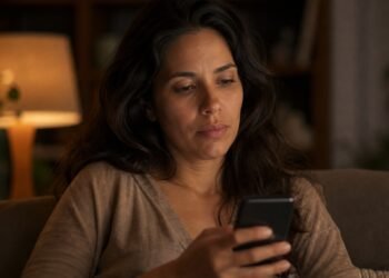 Mulher hesita com o celular na mão antes de escolher entre ligar e escrever