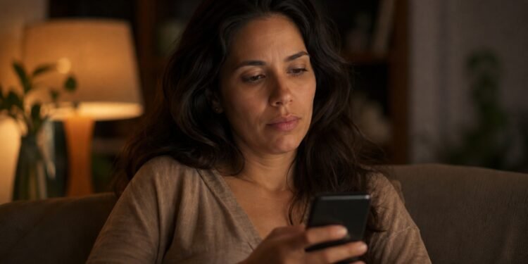 Mulher hesita com o celular na mão antes de escolher entre ligar e escrever