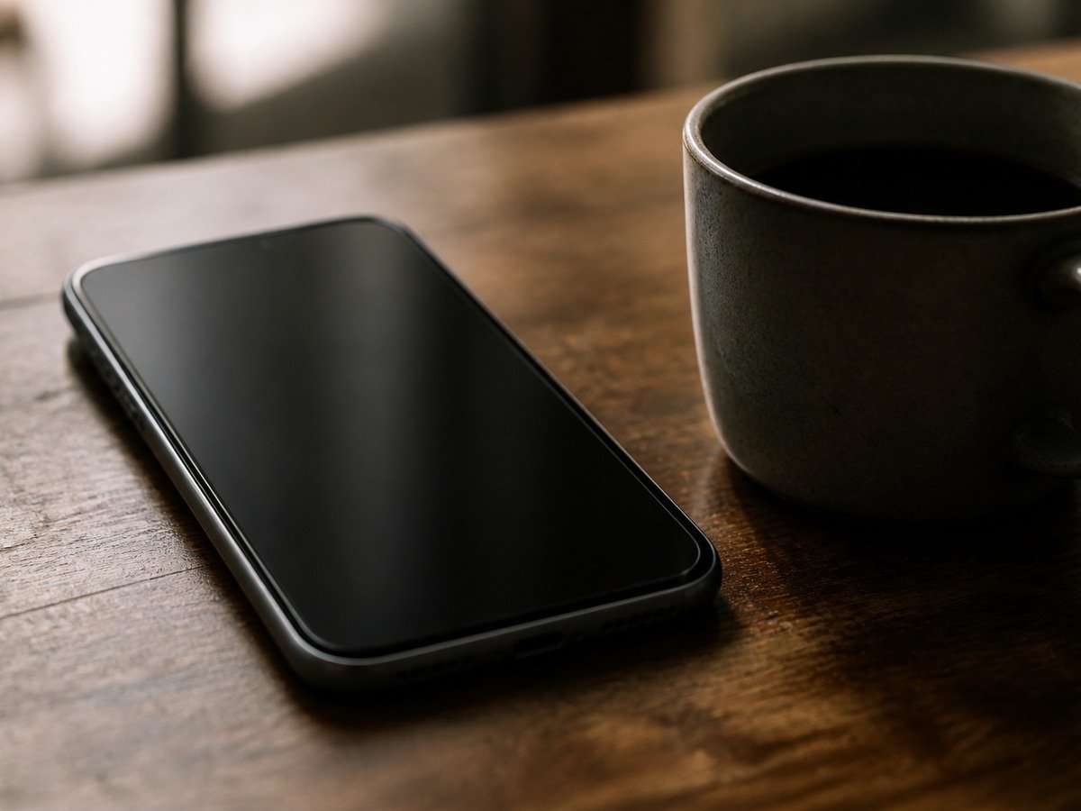 Celular apagado sobre a mesa de madeira, ao lado de uma xícara