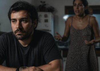 Homem em silêncio à mesa da cozinha enquanto a conversa continua