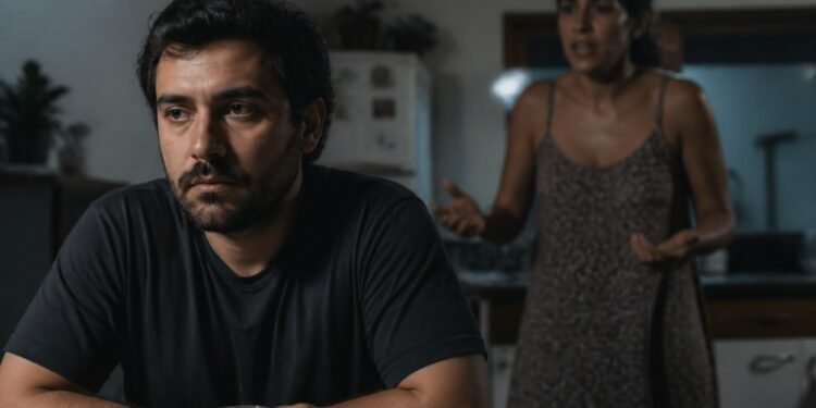Homem em silêncio à mesa da cozinha enquanto a conversa continua