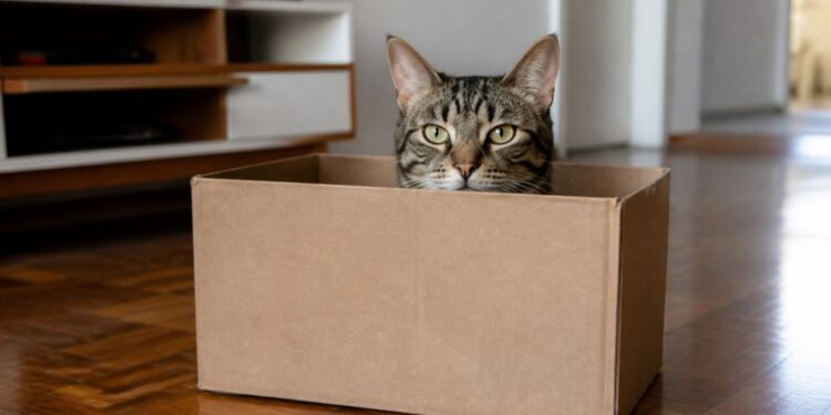 Gato dentro de uma caixa de papelão na sala, com a cabeça acima da borda