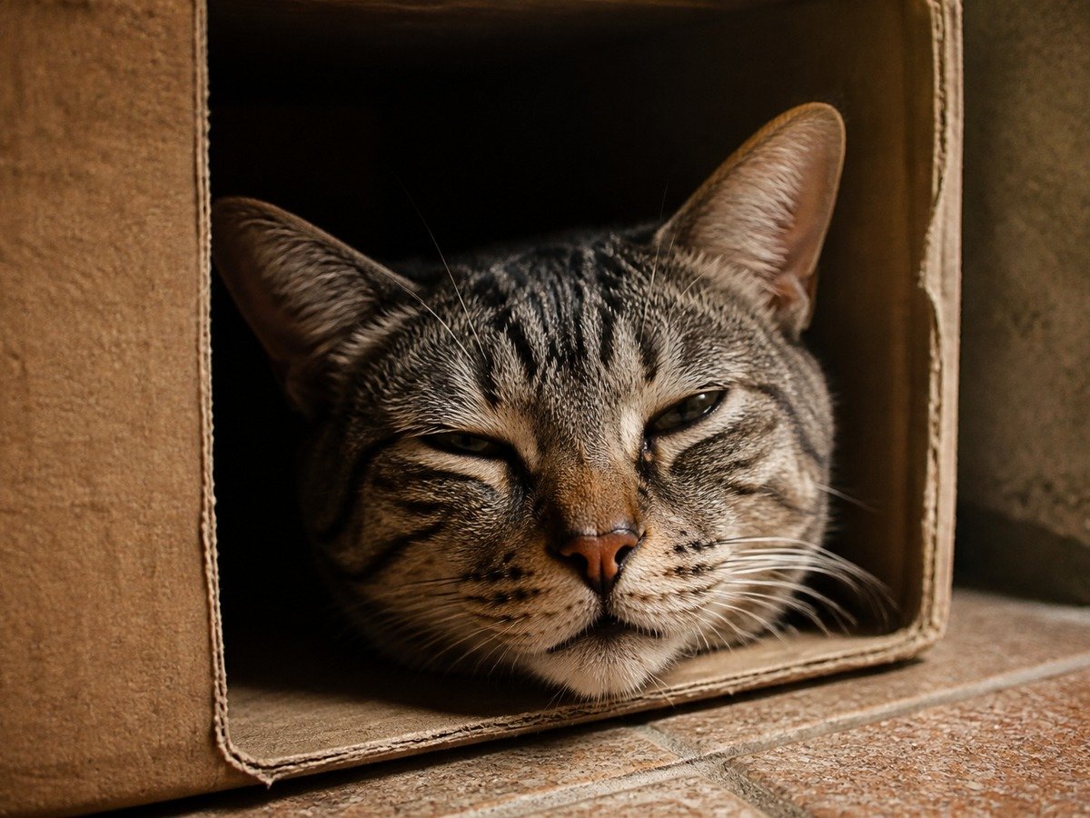 Rosto do gato surgindo da abertura da caixa, com olhos relaxados